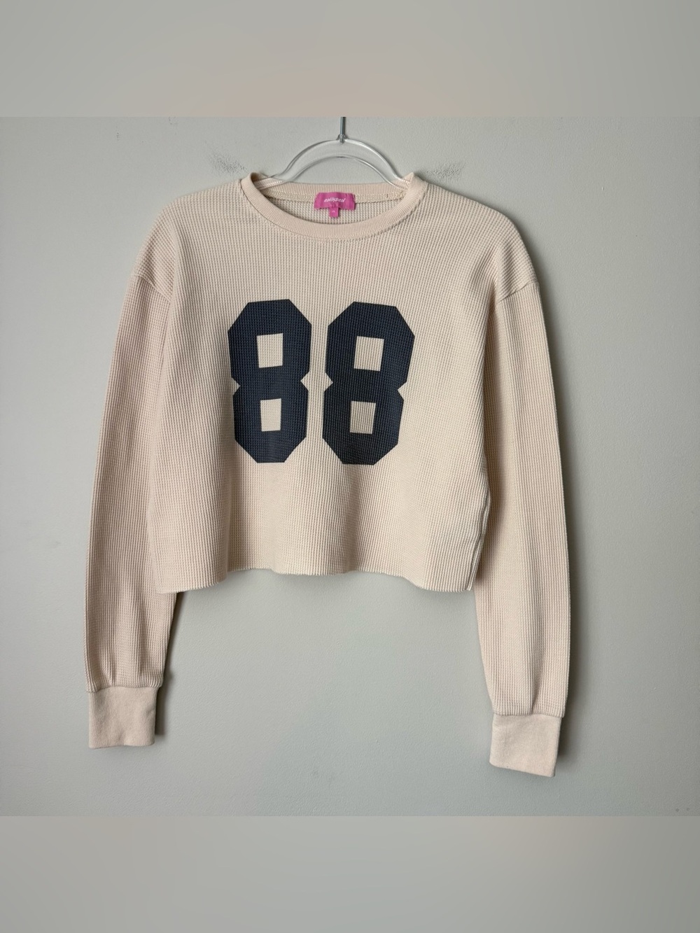 Edikted Cream Waffle-Knit Crop Top with Navy 88 Graphic